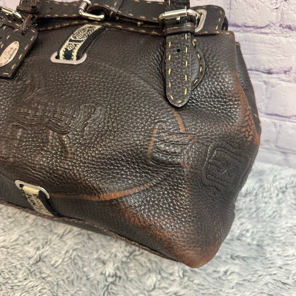 Fendi Selleria Villa Borghese Handbag Brown Leather Embossed Horse Purse - Picture 6 of 16